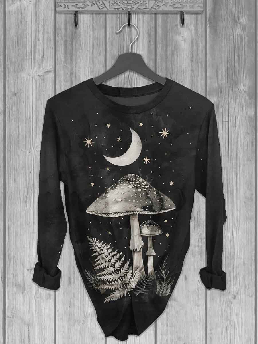 Unisex Mushroom Moon Print Casual Long Sleeve T-Shirt