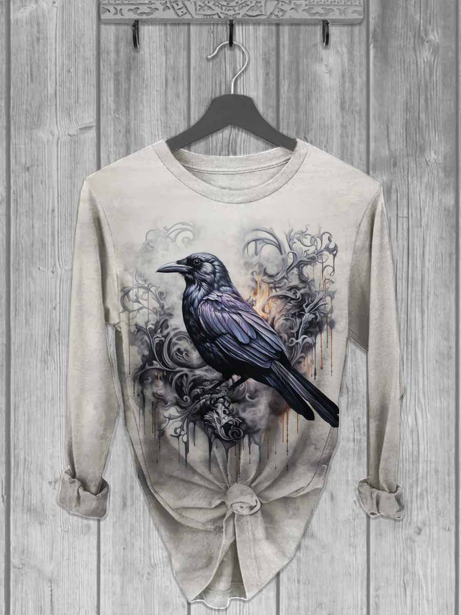 Unisex Raven Print Casual Long Sleeve T-Shirt