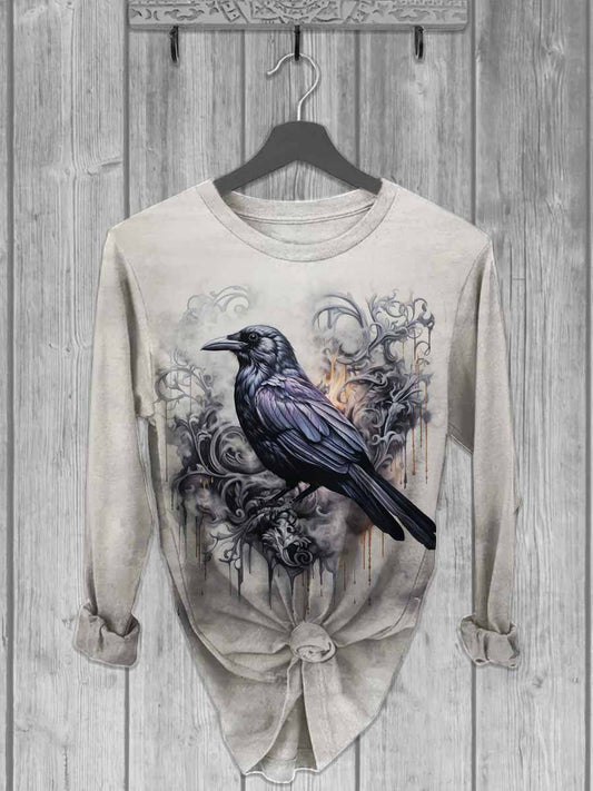 Unisex Raven Print Casual Long Sleeve T-Shirt