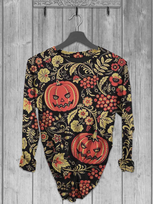 Unisex Halloween Retro Pumpkin Print Casual Long Sleeve T-Shirt