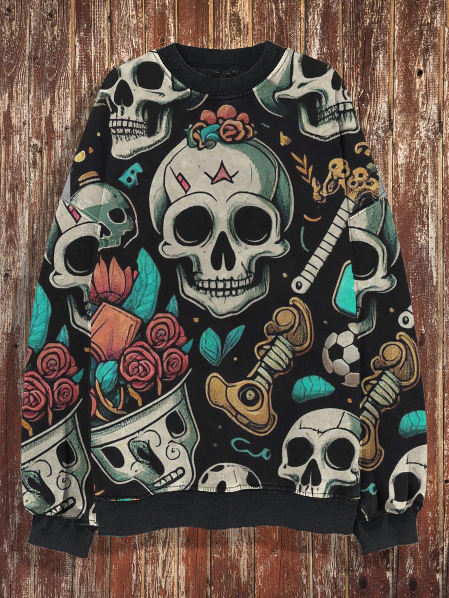 Unisex Skull Print Crew Neck Casual Sweatshirt