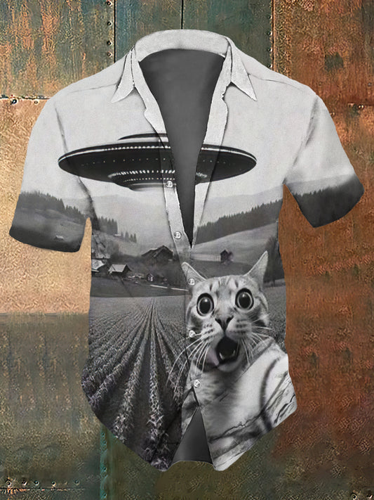 Men's Retro Dark Style Cat Print Casual Shirt