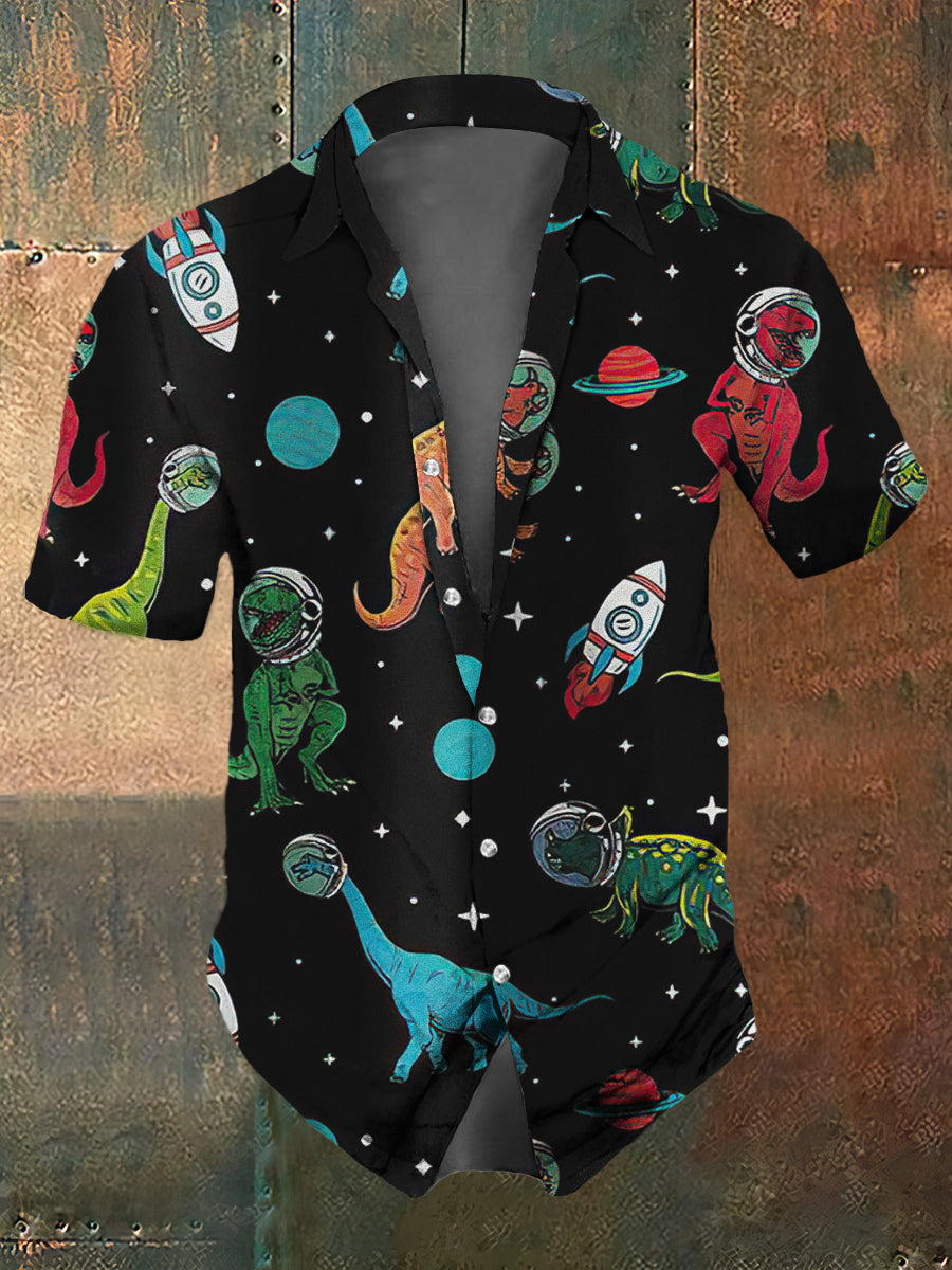 Men's Retro Dark Style Space Dinosaur Print Casual Shirt