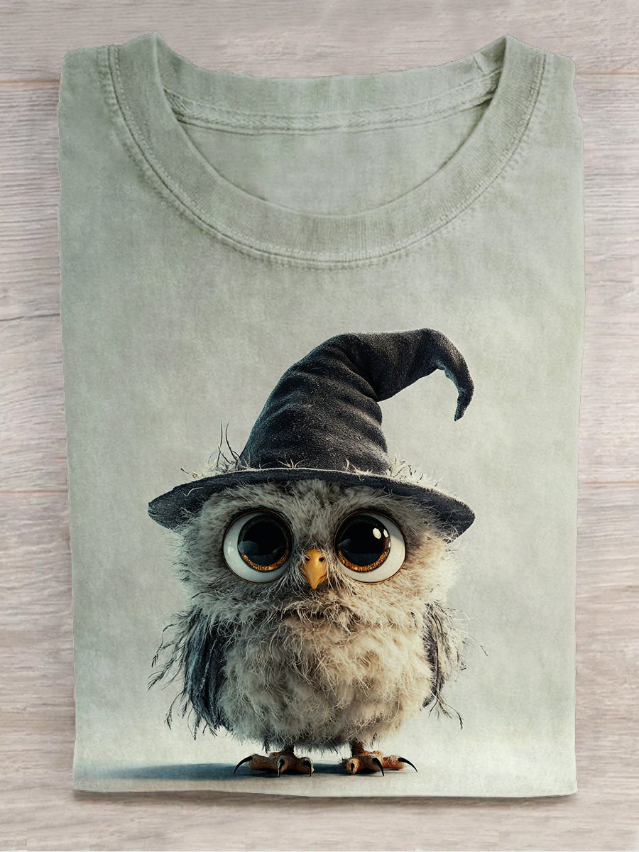 Cute Owl Wizard Art Print Unisex Round Neck Short Sleeve Casual T-Shirt