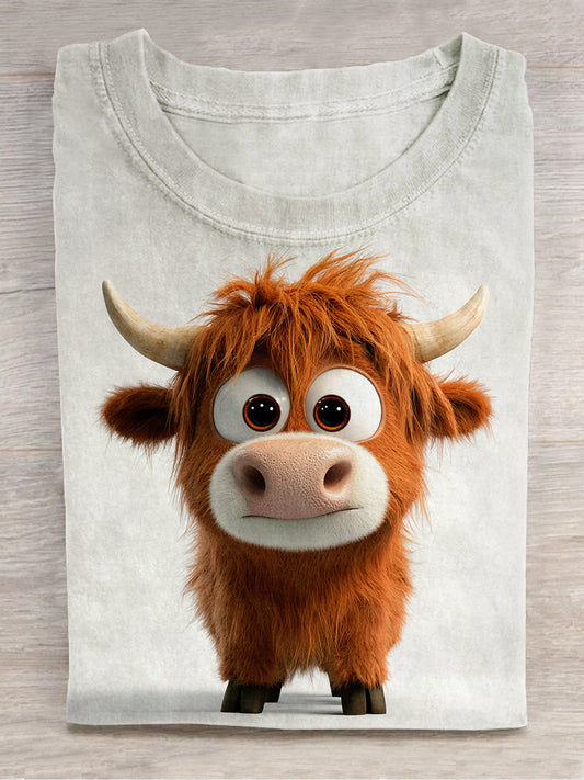 Interesting Highland Cow Art Print Unisex Crew Neck Short Sleeve Casual T-Shirt