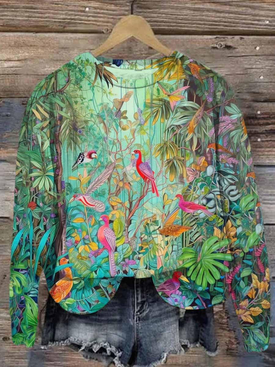 Unisex Forest Birds Print Casual Sweatshirt