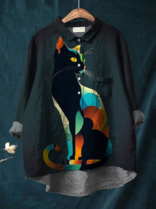 Women's Vintage Cat Art Print Casual Cotton And Linen Round Neck Button Pocket Mid-Length Sleeve Shirt Top