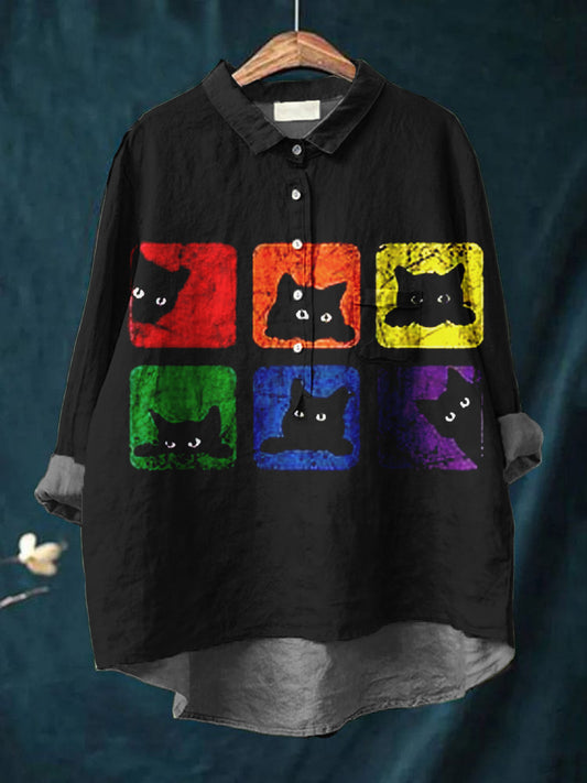 Women's Vintage Cat Art Print Casual Cotton And Linen Round Neck Button Pocket Mid-Length Sleeve Shirt Top