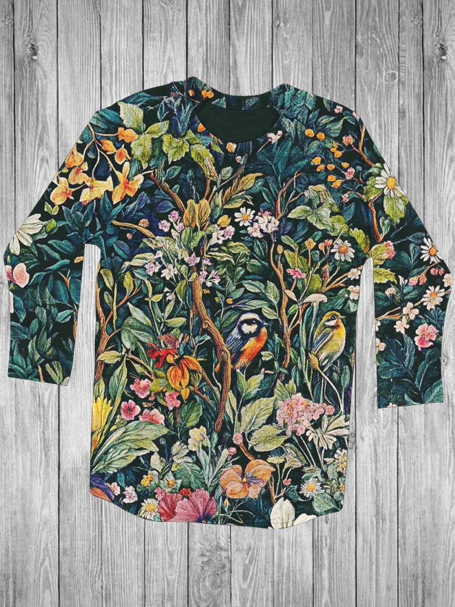 Floral Bird Print Casual 3/4 Sleeve T-Shirt in Forest