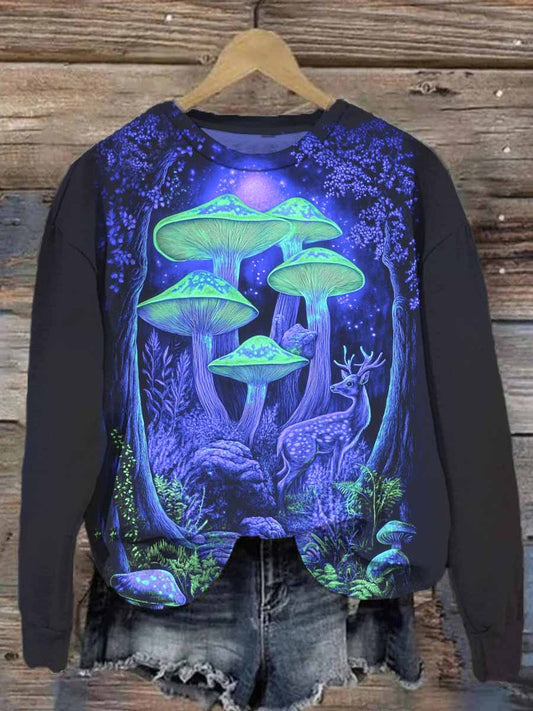 Unisex Forest Mushroom and Deer Print Casual Sweatshirt