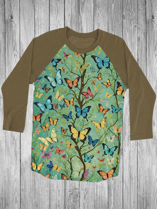 Vintage Floral Butterfly Print Casual 3/4 Sleeve T-Shirt