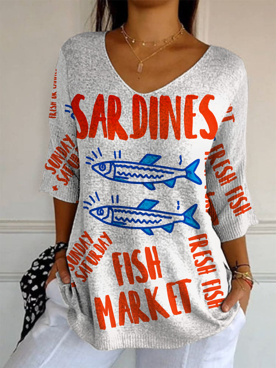 Retro Fish Art Print V-Neck Loose Mid-Length Sleeve Top