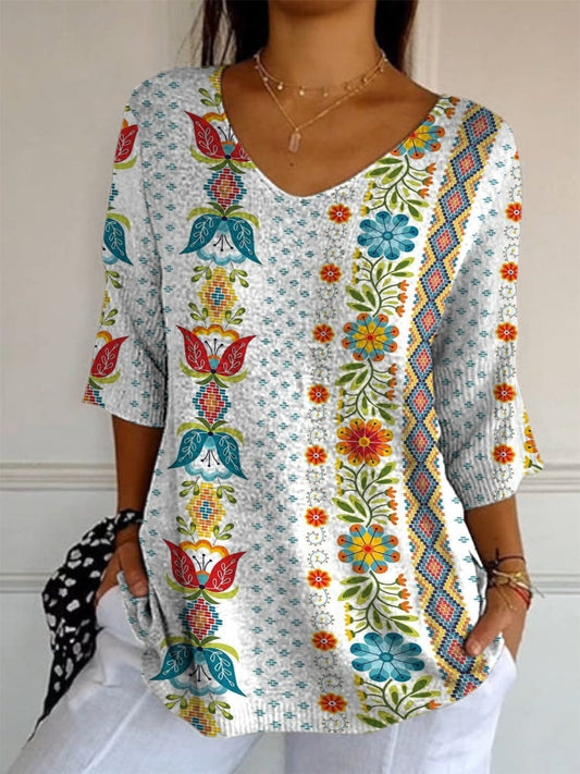 Elegant Retro Boho Floral Print V-Neck Loose Mid-Length Sleeve Top