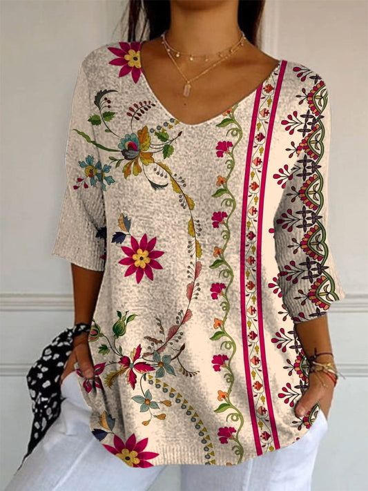 Elegant Retro Boho Floral Print V-Neck Loose Mid-Length Sleeve Top