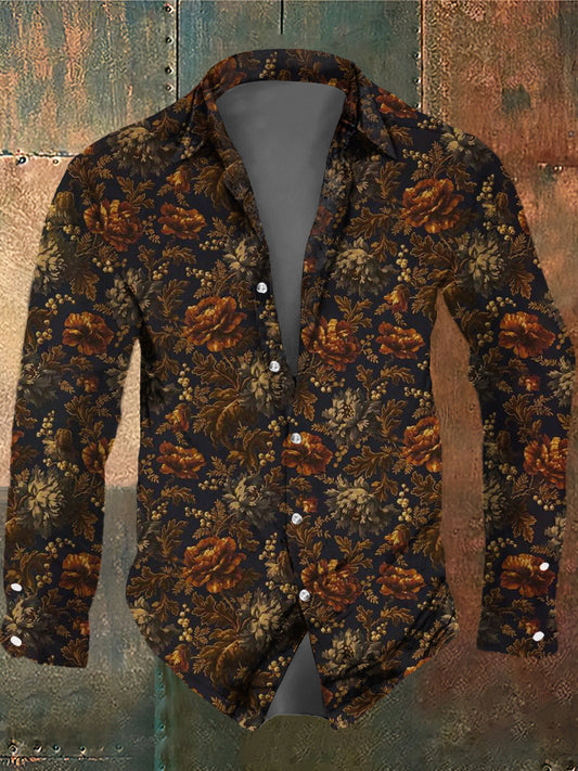 Men's Retro Dark Style Floral Print Long Sleeve Shirt