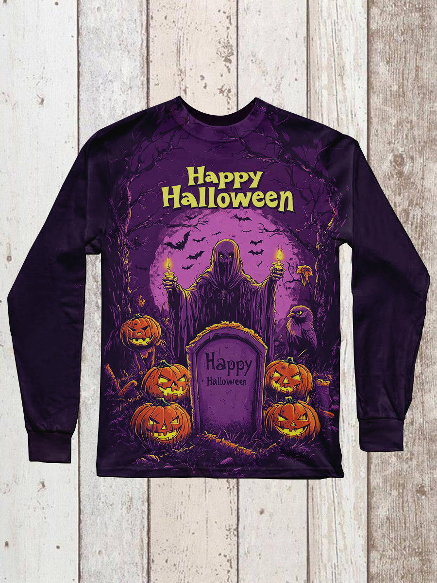 Happy Halloween Horror Graveyard Graphic Print Unisex Round Neck Long Sleeve Casual T-Shirt