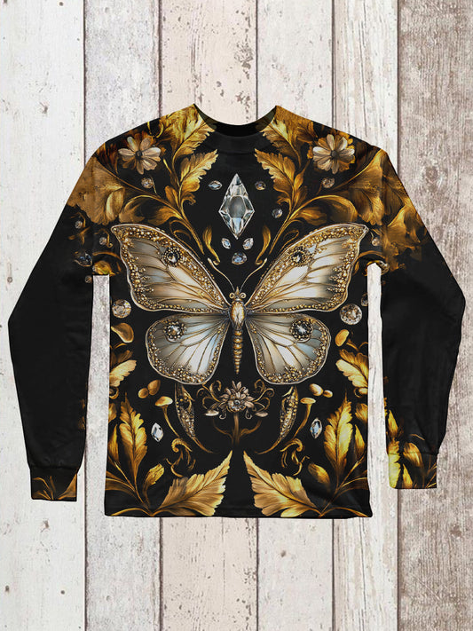 Vintage Butterfly Floral Print Unisex Round Neck Long Sleeve Casual T-Shirt