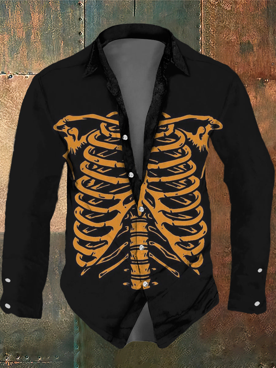 Men's Retro Dark Style Skeleton Print Long Sleeve Shirt