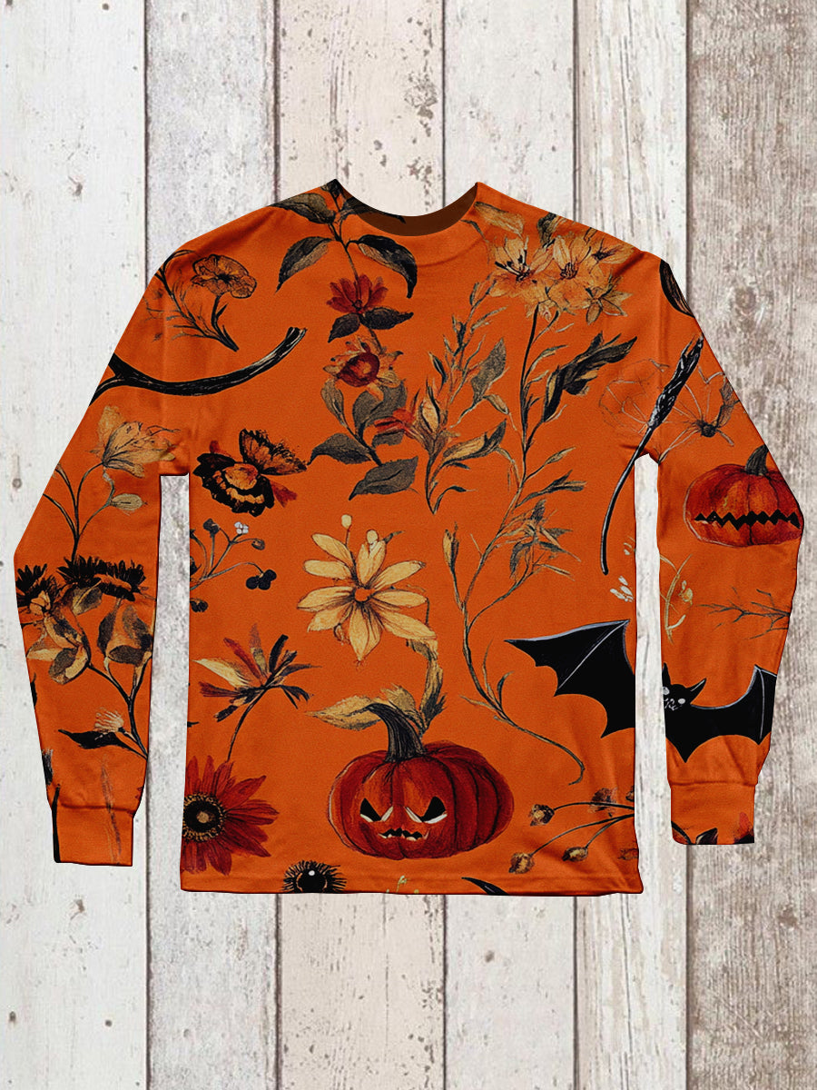 Floral Bat Pumpkin Lantern Halloween Print Unisex Round Neck Long Sleeve Casual T-Shirt