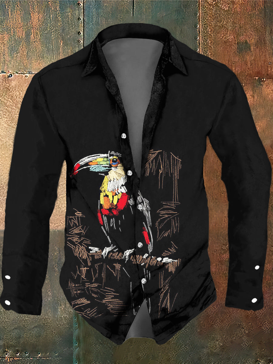 Men's Retro Dark Style Parrot Print Long Sleeve Shirt