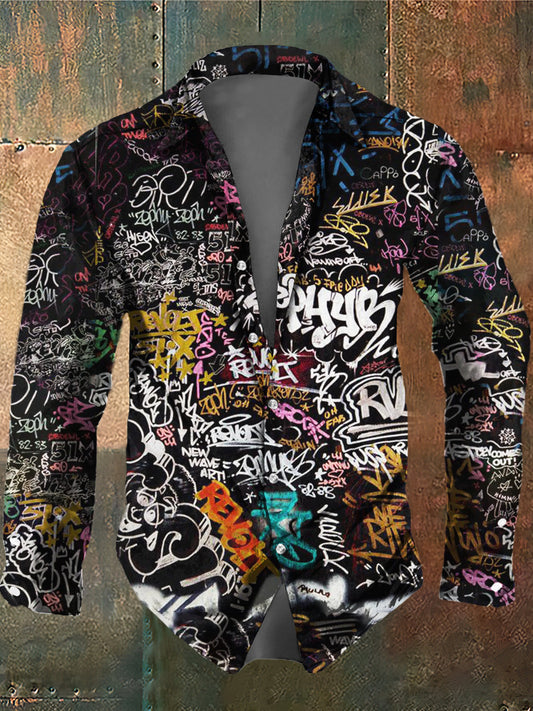 Men's Retro Dark Style Abstract Doodle Print Long Sleeve Shirt