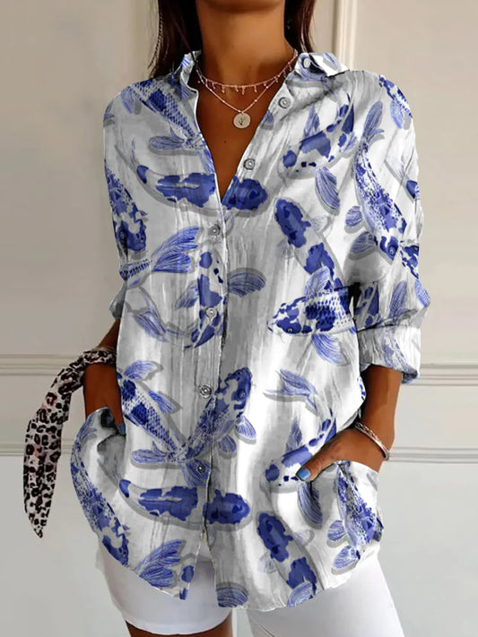 Retro Boho Floral Art Print Vintage Chic V-Neck Button Up Long Sleeve Shirt