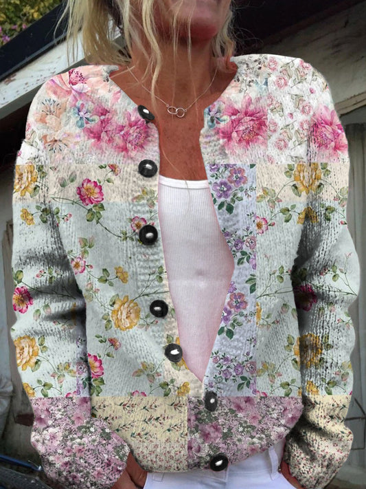 Vintage Bohemian Floral Art Art Print Button Cardigan