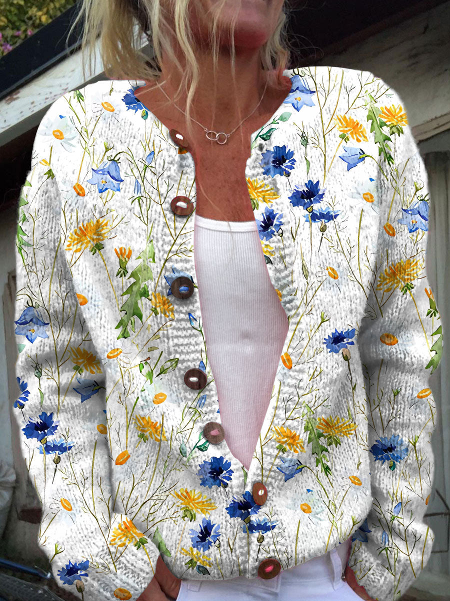 Vintage Bohemian Floral Art Art Print Button Cardigan