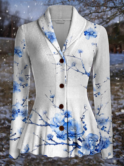 Retro Floral Printed Elegant Lapel V-Neck Button Up Texture Long-Sleeved Top