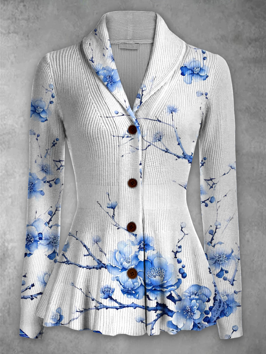 Retro Floral Printed Elegant Lapel V-Neck Button Up Texture Long-Sleeved Top