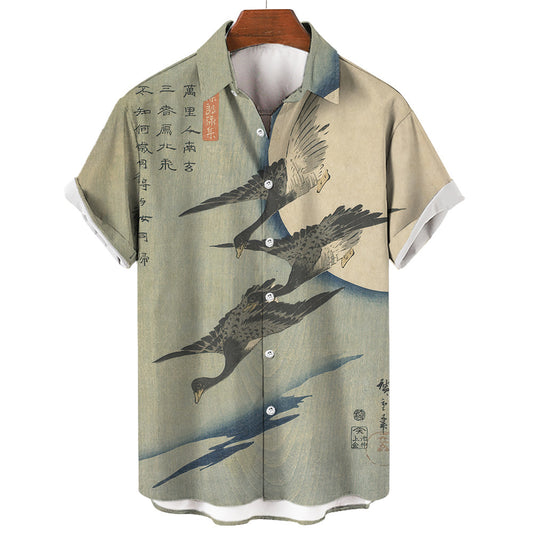 Retro Ukiyo-e Art Print Short Sleeve Casual Shirt