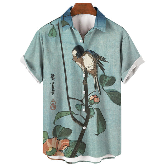 Retro Ukiyo-e Art Print Short Sleeve Casual Shirt