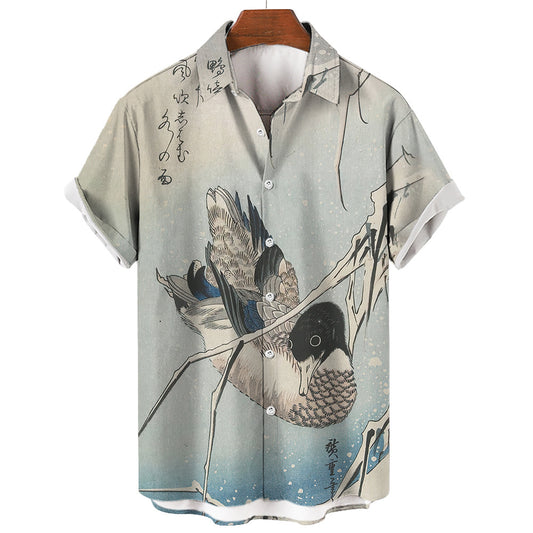 Retro Ukiyo-e Art Print Short Sleeve Casual Shirt