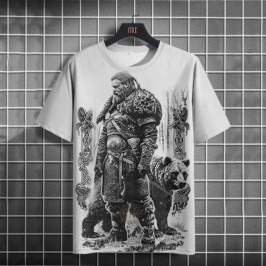 Viking God of War Bear Pattern Art Print Unisex Round Neck Short Sleeve Casual T-shirt