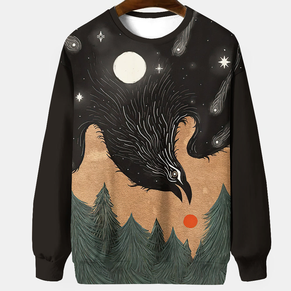 Raven Art Print Unisex Crew Neck Long Sleeve Casual Sweatshirt