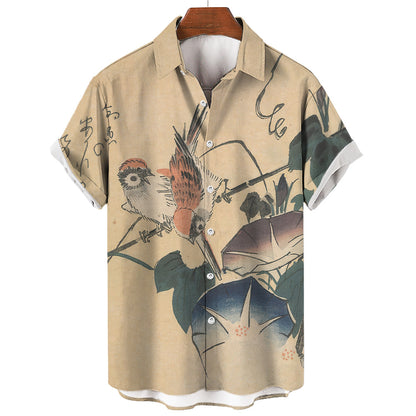 Retro Ukiyo-e Art Print Short Sleeve Casual Shirt