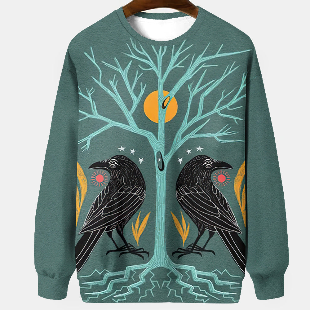 Raven Art Print Unisex Crew Neck Long Sleeve Casual Sweatshirt