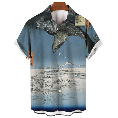 Retro Ukiyo-e Art Print Short Sleeve Casual Shirt