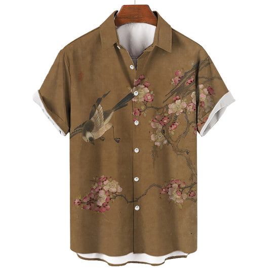 Retro Ukiyo-e Art Print Short Sleeve Casual Shirt