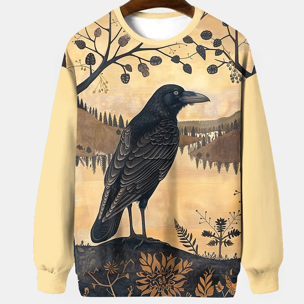 Raven Art Print Unisex Crew Neck Long Sleeve Casual Sweatshirt