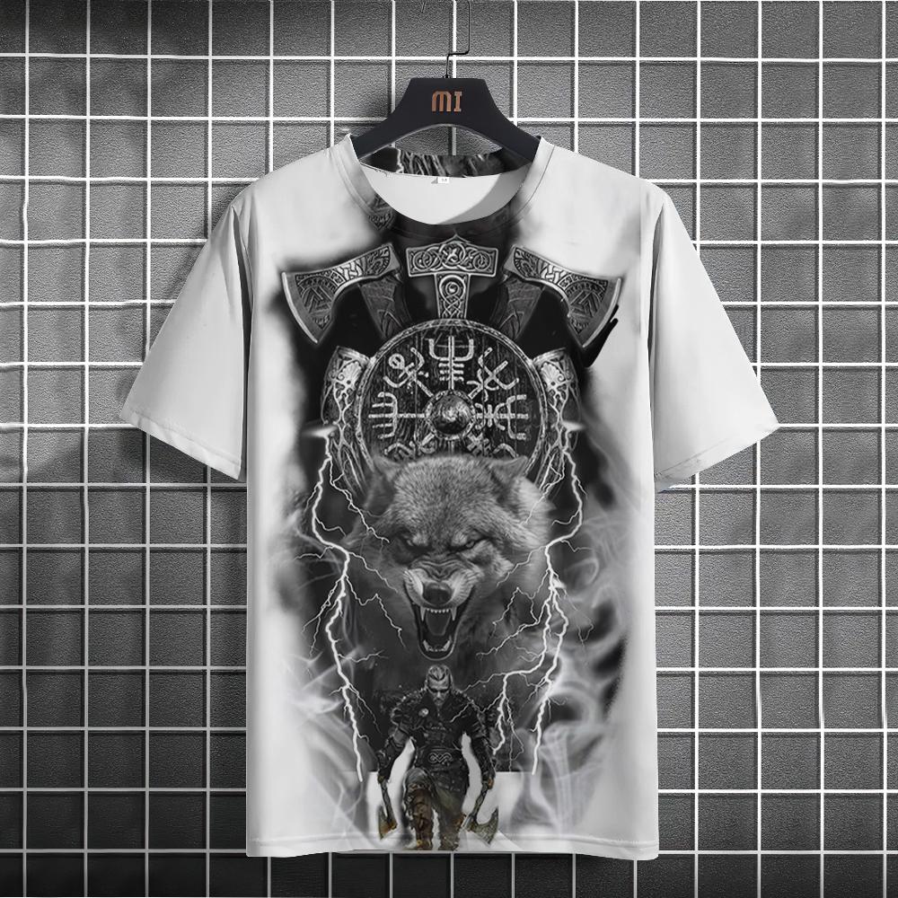 Vintage Viking God of War Art Print Unisex Round Neck Short Sleeve Casual T-Shirt