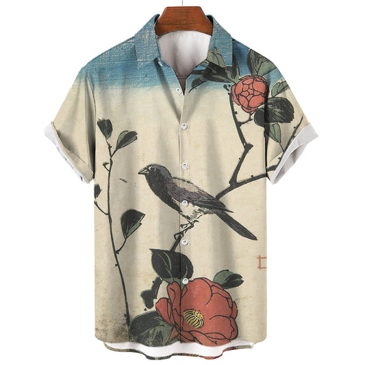 Retro Ukiyo-e Art Print Short Sleeve Casual Shirt