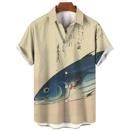 Retro Ukiyo-e Art Print Short Sleeve Casual Shirt