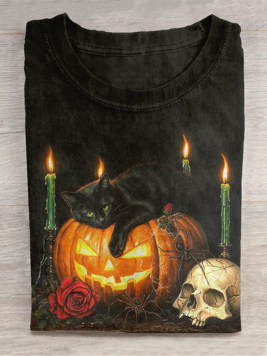 Black Cat Halloween Art Print Unisex Round Neck Short Sleeve Casual T-Shirt