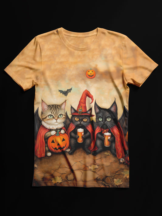 Halloween Cat Art Print Unisex Crew Neck Casual T-Shirt