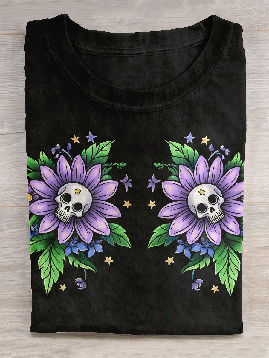 Horror Cannibal Skull Flower Art Print Unisex Round Neck Short Interest Casual T-shirt