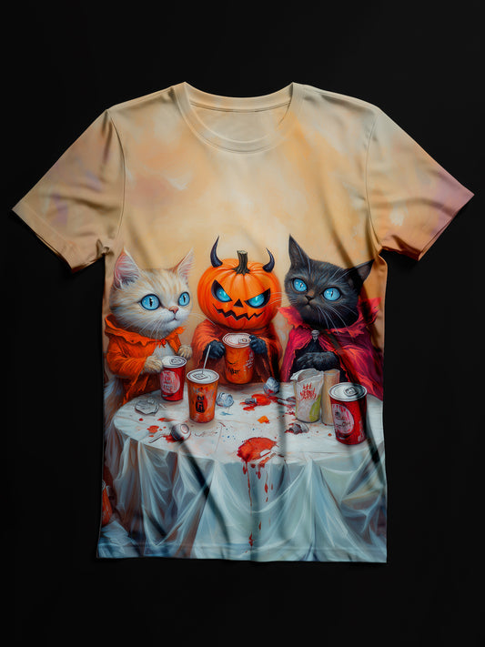 Halloween Cat Art Print Unisex Crew Neck Casual T-Shirt