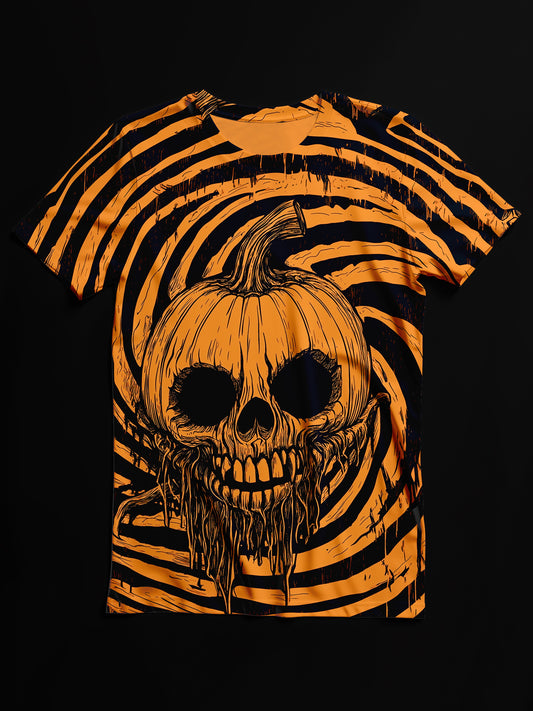 Halloween Fear Pumpkin Monster Art Print Unisex Round Neck Casual T-Shirt