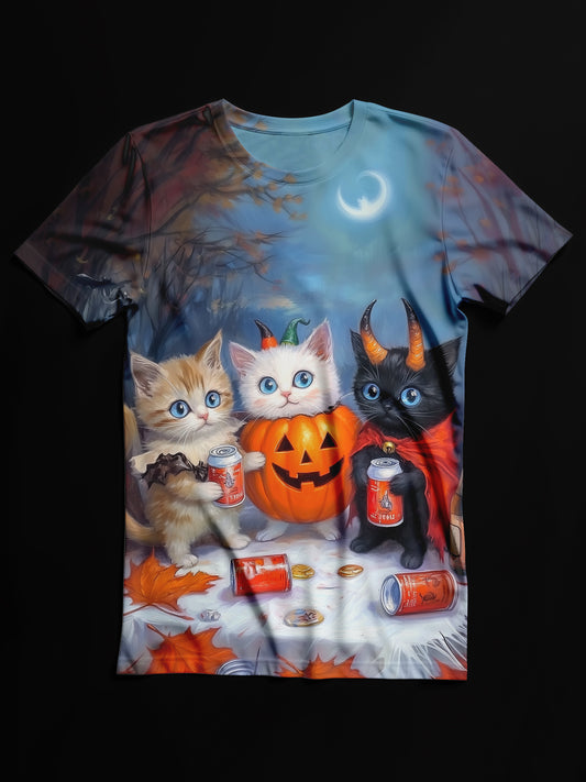 Halloween Cat Art Print Unisex Crew Neck Casual T-Shirt