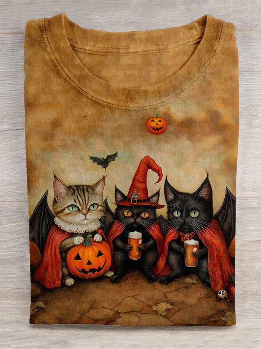 Halloween Cat Art Print Unisex Round Neck Short Sleeve Casual T-Shirt